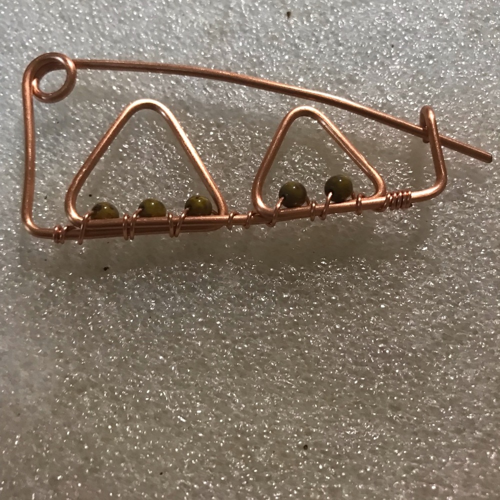 Copper Wire Safety Pin Brooch with Olive Green Beads